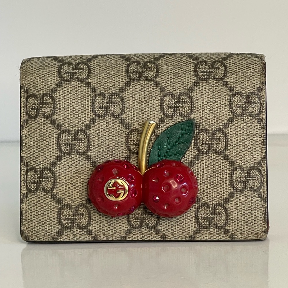 GUCCI Cherry GG Logo Supreme PVC Leather Bifold Wallet
